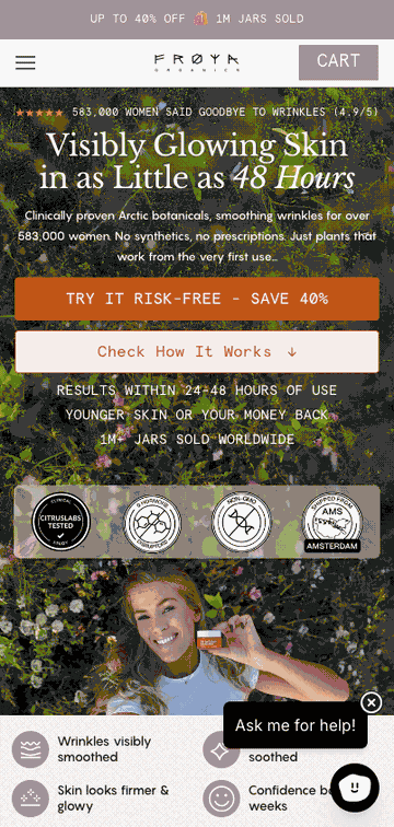 Fr&oslash;ya Organics advertorial funnel — hero to clinical proof to sales page